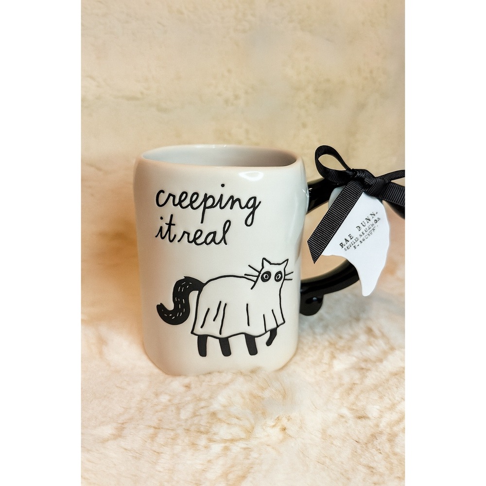 Rae Dunn Halloween Mug Creeping It‎ Real Ghost Cat Black Handle New